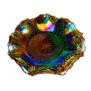 Vintage Indiana Glass Crimped Peacock Blue Carnival Glass Diamond Point Dish 10"